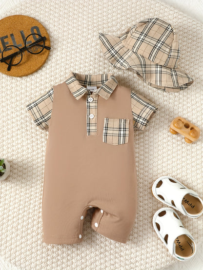Baby Boy Plaid Print White Short Sleeve Romper with Plaid Fisherman Hat – Casual & Cute (0-3 Years, Summer Wear)
