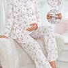 Elegant Maternity & Nursing Pajama Set for Pregnant Women — Butterfly & Floral Bow Print, Long Sleeve Layered Nursing Top
