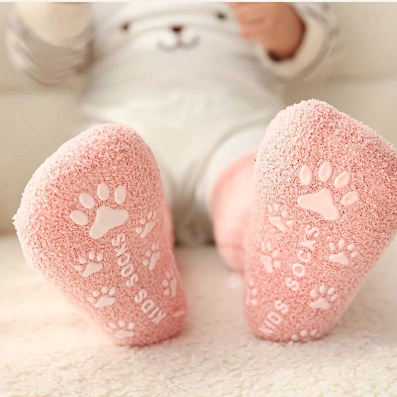 5 Pcs Cozy Coral Fleece Youngsters Socks - Warm, Thick Winter High Socks with Non-Slip Dots | Machine Washable in Vibrant Colors (Pink, Blue, Yellow, Orange, Brown) | Cute Paw Print Design for Youngsters