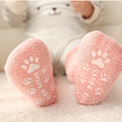 5 Pcs Cozy Coral Fleece Youngsters Socks - Warm, Thick Winter High Socks with Non-Slip Dots | Machine Washable in Vibrant Colors (Pink, Blue, Yellow, Orange, Brown) | Cute Paw Print Design for Youngsters