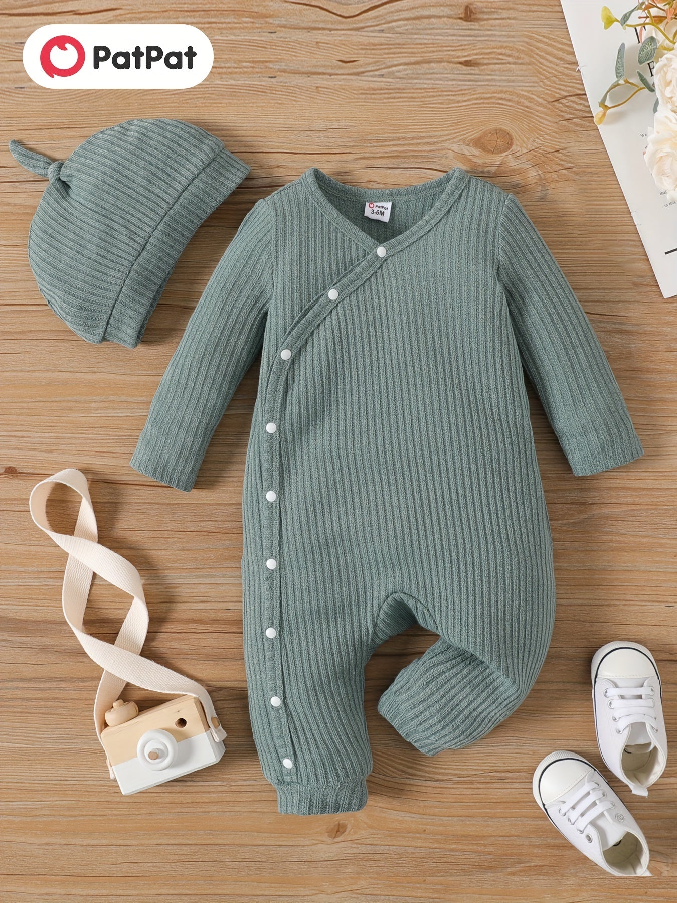 PatPat 2pcs Baby Boy/Girl Rib Knit Jumpsuit – Button Front Long-Sleeve Romper with Matching Hat Set