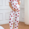 Maternity Love-Print Lace-Trim Button Front Pajama Set — Short Sleeve Top & Long Pants (Stretch Knit)