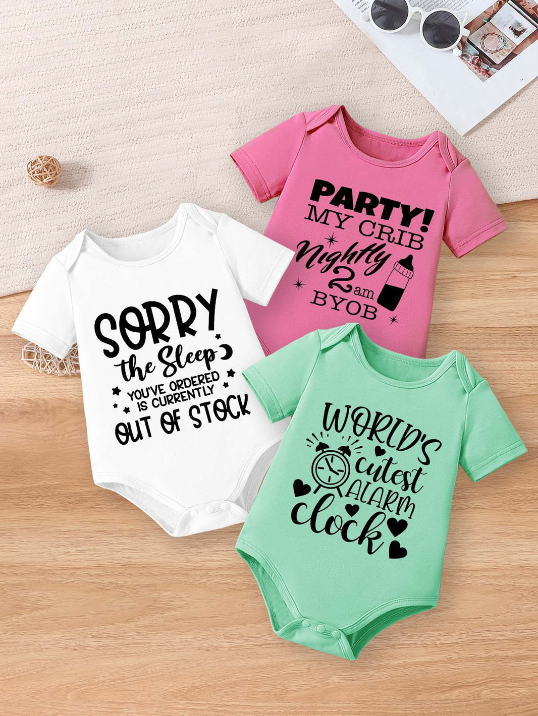 3pcs Cute Baby Girl Rompers – “Sorry, Party My Crib” & Fun Letter Prints – Short Sleeve Summer Bodysuits in White, Pink, Purple – Soft & Breathable Elastane/Polyester – Machine Washable, Perfect for Outdoor Wear