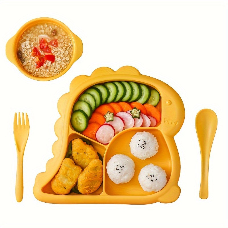 Dinosaur-Shaped Kids Dinnerware Set – BPA-Free Plastic Plate, Bowl, Fork & Spoon Combo, Fun & Safe Tableware for Toddlers