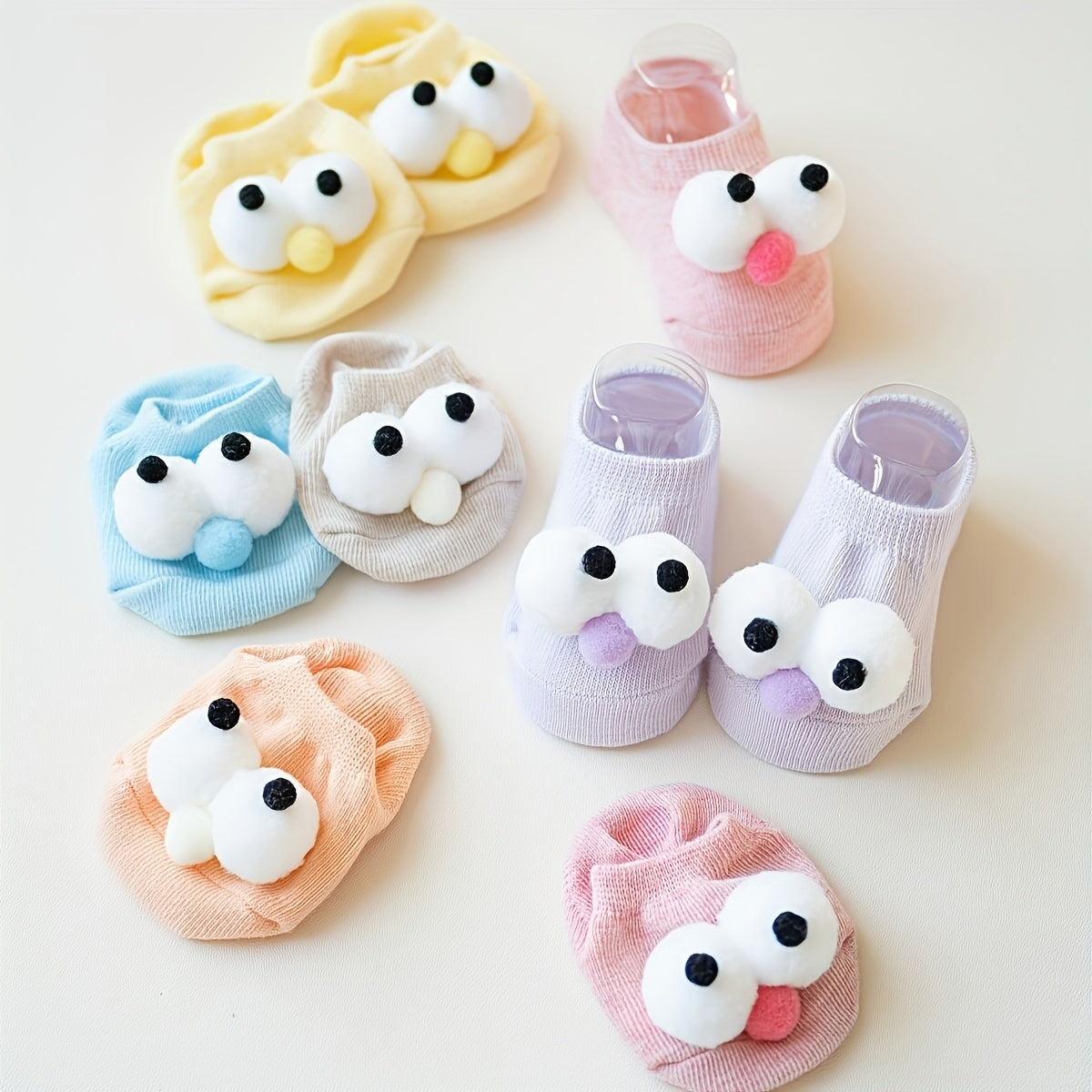 4 Pairs Youngsters Big Eyes Soft Non-Slip Boat Socks - Candy Color Cute Cartoon Short Socks for Kids