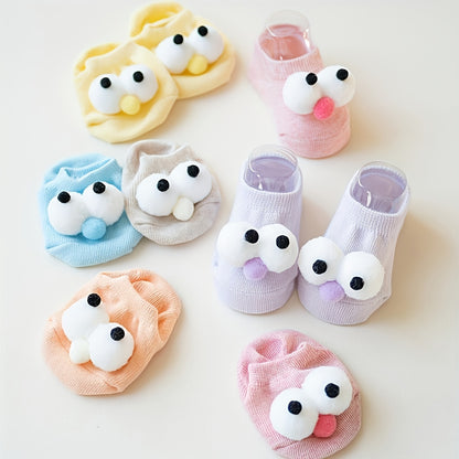 4 Pairs Youngsters Big Eyes Soft Non-Slip Boat Socks - Candy Color Cute Cartoon Short Socks for Kids