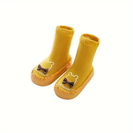1 Pair Cartoon Pattern Baby Walking Shoes - All-Season Knit Fabric Indoor Socks with Anti-Slip Soft Sole | Polyester & Spandex Blend | Thick Comfort Floor Shoes for Toddlers
