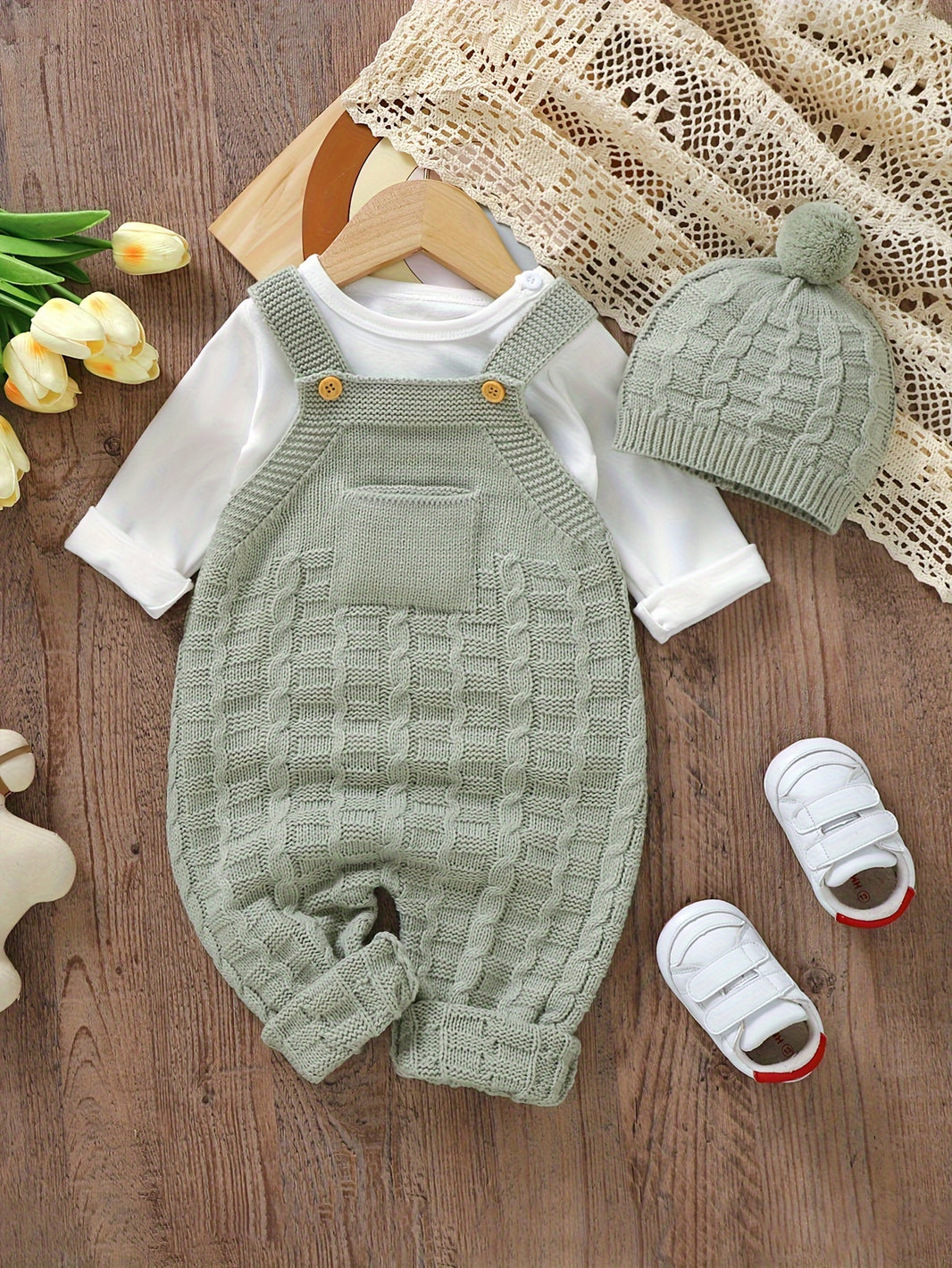 DOVFANNY 2pcs Baby Outfit Set – Acrylic Knit Crew Neck Jumpsuit with Leggings & Matching Hat (Fall/Winter, Sleeveless, Regular Fit)