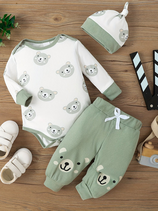 Baby Bear Print Outfit – Triangle Romper, Trousers & Hat 3-Piece Set (Soft & Comfortable, Newborn Outdoor Clothing)