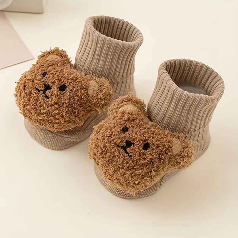 1 Pair/3 Pairs of Soft & Comfortable Ribbed Socks for Babies - Cute Bear Design | Non-Slip with Fold-Over Top, Suitable for Children