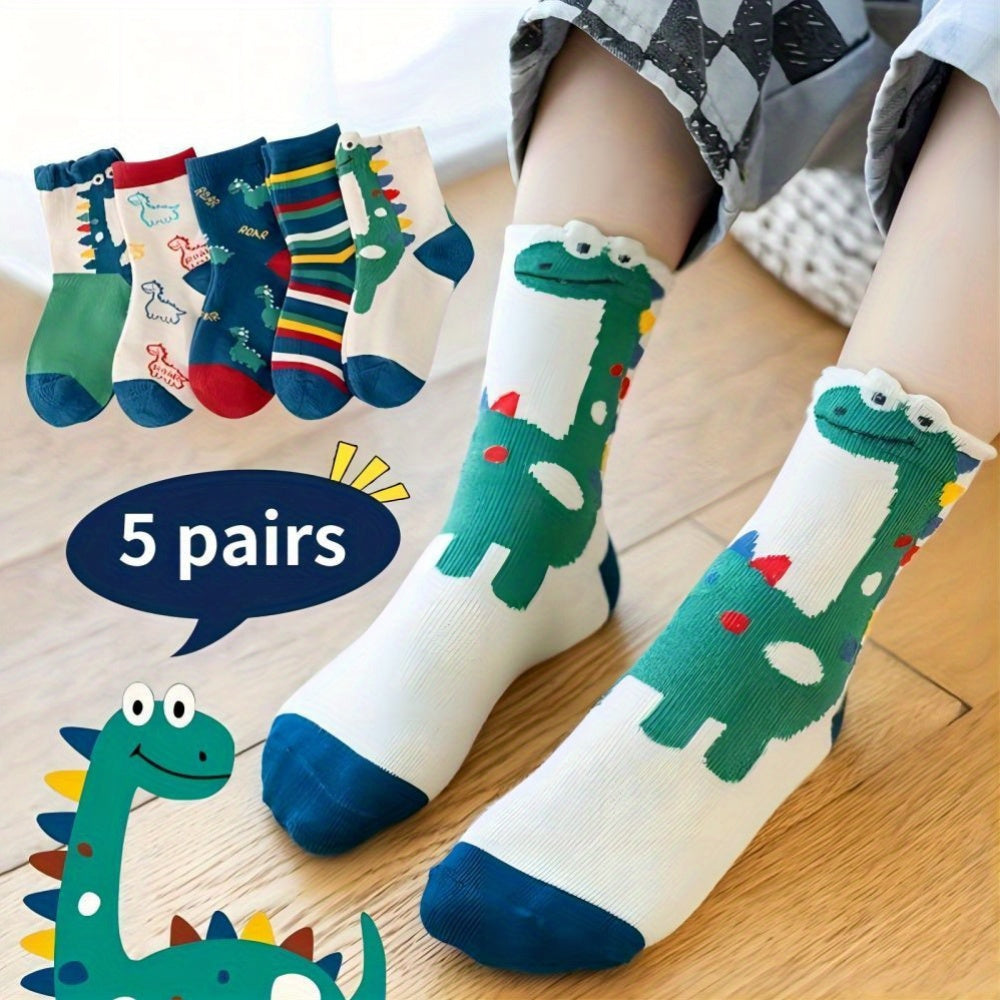 10 Pairs Kids Knee-High Cartoon Dinosaur Socks - Polyester & Spandex Blend, Soft Knit Fabric, Non-Slip & Breathable | Perfect for Boys & Girls Aged 2 to 12 Years | Machine Washable, Fun Gift for Kids