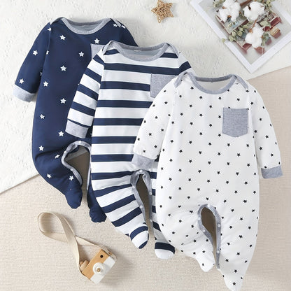 Baby Boys' Star Printed Footed Bodysuit 3-Piece Outdoor Set – Cozy and Comfortable for All Seasons