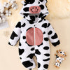 Adorable Cow Print Hooded Baby Romper – Soft Plush Polyester Jumpsuit (Autumn/Winter, Cozy One-Piece, Ideal for Baby Showers & Holidays)