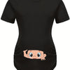 Letter Printed Short-sleeved Maternity Wear Black T-shirt with Big-eyed Baby Pattern