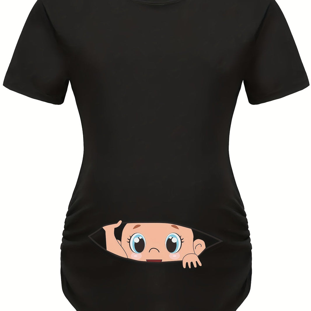 Letter Printed Short-sleeved Maternity Wear Black T-shirt with Big-eyed Baby Pattern