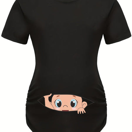 Letter Printed Short-sleeved Maternity Wear Black T-shirt with Big-eyed Baby Pattern